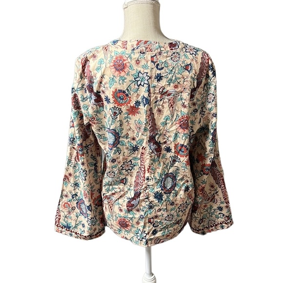 Kinikiss Long Sleeve Shirt Blouse Button Up Tan Pink Peacock Floral Womens XL - Picture 2 of 7